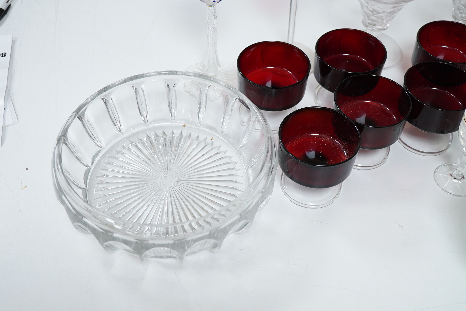 A collection of various glass ware to include hoc glasses, floral etched rummers etc.